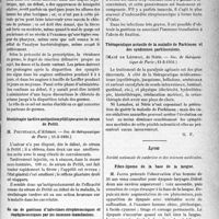 1776 - Page 1769 - Partie scientifique. L'Actualité Scientifique. Les Sociétés Savantes. Paris. Chlorate de potasse et angines, (Soc. de thérapeutique de Paris ; 11-2-1931.) / Sérothérapie tardive antipoliomyélitique avec le sérum de Pettit, (Soc. de thérapeutique de Paris ; 11-2-1931.) / Six cas de guérison d’infections streptococciques et staphylococciques par les immuno-transfusions, (Soc. de thérapeutique de Paris ; 11-2-1931.) / Thérapeutique actuelle de la maladie de Parkinson et des syndromes parkinsoniens, (Soc. de thérapeutique de Paris ; 11-2-1931.) / Lyon. Société nationale de médecine et des sciences médicales. Fibro-lipome de la base de la langue