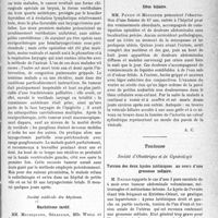 1778 - Page 1771 - Partie scientifique. L'Actualité Scientifique. Les Sociétés Savantes. Lyon. Société nationale de médecine et des sciences médicales. Sur trois épithéliomas du larynx / Société médicale des hôpitaux. Rachitisme tardif / Iléus biliaire / Toulouse. Société d'Obstétrique et de Gynécologie. Torsion des deux kystes lutéiniques au cours d’une grossesse molaire / Grossesse extra-membraneuse