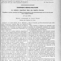 1792 - Page 1785 - Partie professionnelle, Hygiène, Assistance, Mutualité, Intérêts corporatifs, Variétés. Travaux Originaux. Assurances sociales. Cas de refus de remboursement des frais médicaux [Dr Paul Boudin] / Chronique médico-militaire. Le médecin répartiteur dans une bataille d'armée. Cinquième exercice pratique de l’École d’instruction et de perfectionnement du Service de santé de la région de Paris [G. Duchesne]
