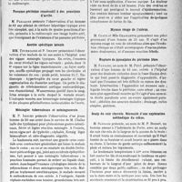 1844 - Page 1837 - Partie scientifique. L’Actualité Scientifique. Les Sociétés Savantes. Lyon. Société nationale de Médecine et des Sciences médicales. Scoliose par malformations rachidiennes avec dextrocardie / Pneumo-péritoine consécutif à des ponctions d’ascite / Aortite spécifique latente / Méningite tuberculeuse et méningococcie / Traitement des brûlures de la face / Myome rouge de l’utérus / Rupture de pyosalpinx du péritoine libre / Scalp du cuir chevelu. Nécessité d’une exploration méthodique du crâne / Hémiplégie poste-scarlatineuse