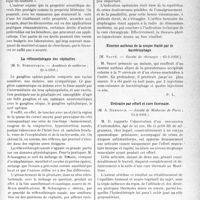 2070 - Page 2063 - Partie scientifique. L'Actualité Scientifique. Les Sociétés Savantes. Paris. Sur la propriété scientifique, (Académie de médecine ; 21-4- 1931.) / La réflexothérapie des céphalées, (Académie de médecine ; 21-4-1931.) / Hernie diaphragmatique, (Société de Chirurgie ; 25-2-1931.) / Enorme anthrax de la nuque traité par le bactériophage, (Société de chirurgie ; 25-2-1931.) / Urticaire par effort et cure thermale, (Société de Médecine de Paris ; 13-2-1931.) / Importance de la radiographie. Cancer du poumon inaperçu à l’examen radioscopique, (Société de Médecine de Paris ; 28-2-1931.)