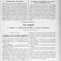 2222 - Page 2213 - Partie scientifique. L’Actualité Scientifique. Les Sociétés Savantes. Lyon. Société nationale de médecine et des Sciences médicales. Variations de l’équilibre protéique du sérum aux différentes périodes de la syphilis acquise de l’adulte / Encéphalo-myélite poste-vaccinale / Amyotrophie scapulo-humérale avec troubles sensitifs et sympathiques associés / Les Congrès. Ier Congrès de la Société internationale de chirurgie orthopédique, Paris, 3-4 octobre 1930. Le traitement de la luxation congénitale de la hanche à partir de l’âge de quinze ans
