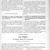 2294 - Page 2285 - Partie scientifique. L’actualité Scientifique. Les Sociétés Savantes. Lille. Société médicale et anatomo-clinique. Séance du mardi 21 avril 1931 / Séance du mardi 12 mai 1931 / Les Congrès. VIIe Congrès national de la Tuberculose, Bordeaux, 30 mars-2 avril 1931. Le problème de la bactériolyse du bacille tuberculeux, rapporteurs : Professeur Bezançon. Dr Philibert, Dr Bue et Dr Paraf