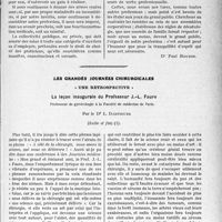 2306 - Page 2297 - Partie professionnelle, Hygiène, Assistance, Mutualité, Intérêts corporatifs, Variétés. Travaux Originaux. L’actualité Professionnelle. Honoraires. — refus de paiement. — conséquences de propos maladroits ou anti-confraternels [Dr Paul Boudin]. Les prestations médicales / Les grandes journées chirurgicales. « Une rétrospective ». La leçon inaugurale du Professeur J.-L. Faure Professeur de gynécologie à la Faculté de médecine de Paris, par le Dr L. Dartigues, (Suite et fin)