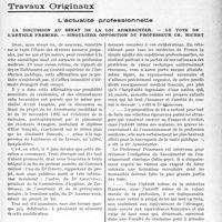 2362 - Page 2353 - Partie professionnelle, Hygiène, Assistance, Mutualité, Intérêts corporatifs, Variétés. Travaux Originaux. L’actualité professionnelle. La discussion au sénat de la loi Armbruster. — Le vote de l’article premier. — Singulière opposition du professeur Ch. Richet [G. Duchesne]