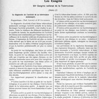 2431 - Page 2422 - Partie scientifique. L'Actualité Scientifique. Les Sociétés Savantes. Paris. Société odontologique de France. Séance du 28 mars 1931 / Les Congrès. VIIe Congrès national de la Tuberculose, (Suite). Le diagnostic de l’activité de la tuberculose pulmonaire, rapporteurs : Prof. Leurët et Dr Caussimon