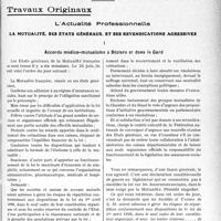 2504 - Page 2495 - Partie professionnelle, Hygiène, Assistance, Mutualité, Intérêts corporatifs, Variétés. Travaux Originaux. L’Actualité Professionnelle. La mutualité, ses états généraux, et ses revendications agressives. Accords médico-mutualistes à Béziers et dans le Gard [G. Duchesne]