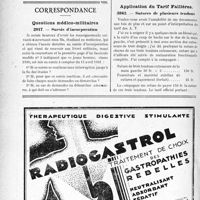 2529 - Page 2520-LX - A travers l’officiel. Médecine des troupes coloniales / Correspondance. Questions médico-militaires. Sursis d'incorporation / Application du Tarif Fallières. Sutures de plusieurs tendons