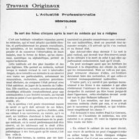 2694 - Page 2685 - Partie professionnelle, Hygiène, Assistance, Mutualité, Intérêts corporatifs, Variétés. Travaux Originaux. L’Actualité Professionnelle. Déontologie. Du sort des fiches cliniques après la mort du médecin qui les a rédigées [G. Duchesne]