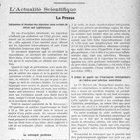 2746 - Page 2737 - Partie scientifique. Travaux Originaux. La clinique phtisiologique au goût du jour. Comment traiter les hémoptysies tuberculeuses, d’après Mm. G. Caussade et A. Tardieu. Traitement des hémoptysies abondantes continues ou intermittentes / L'Actualité Scientifique. La Presse. Indications et résultats des injections intra-rectales de sérum salé hypertonique [(Paris médical, 14 février 1931.)] / La méningite goutteuse [(Revue médicale de l’Est, 1er novembre 1930.)] / A propos de quatre cas d’évacuation extemporanée de l’utérus pour infection amniotique [(Gazette des Hôpitaux, 14 janvier 1931.)]