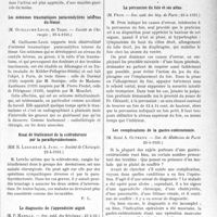 2818 - Page 2809 - Partie scientifique. L’actualité Scientifique. Les Sociétés Savantes. Paris. Sur le traitement des arthrites suppurées, (Société de chirurgie ; 6-5-1931.) / Les ostéomes traumatiques paracondyliens internes du fémur, (Société de Chirurgie ; 29-4-1931) / Essai de traitement de la sclérodermie par la parathyroïdectomie, (Société de Chirurgie ; 29-4-1931.) / Le diagnostic de l’appendicite aiguë, (Soc. méd. des hôpitaux ; 25-4-31.) / La percussion du foie et des aléas, (Soc. méd. des hôp. de Paris ; 25-4-1931.) / Les complications de la gastro-entérostomie, (Soc. de Médecine de Paris ; 25-4-1931.)