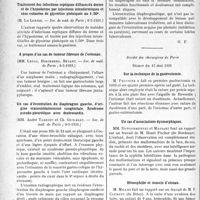 2819 - Page 2810 - Partie scientifique. L’actualité Scientifique. Les Sociétés Savantes. Paris. Les complications de la gastro-entérostomie, (Soc. de Médecine de Paris ; 25-4-1931.) / Traitement des infections septiques diffuses du derme et de l’hypoderme par injections intradermiques et sous-cutanées de glycérine phéniquée au 1/30e, (Soc. de méd. de Paris ; 8-5-1931.) / A propos d’un cas de tumeur fibreuse de l’estomac, (Soc. de méd. de Paris ; 8-5-1931.) / Un cas d’éventration du diaphragme gauche, d’origine vraisemblablement congénitale. Syndrome pseudo-pleurétique avec dextrocardie, (Soc. de méd. de Paris ; 8-5-1931.) / Société des chirurgiens de Paris. Séance du 15 mai 1931