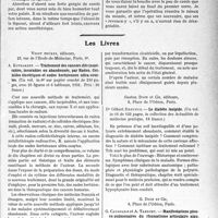 2822 - Page 2813 - Partie scientifique. L’actualité Scientifique. Les Sociétés Savantes. Nouveaux régimes. Société des chirurgiens de Paris. Séance du 15 mai 1931 / Les Livres. Traitement des cancers dits inopérables, incurables ou abandonnés, par Radon. Colloïdes électriques et ondes hertziennes ultra-courtes, par A. Kotzareff, Vigot frères, éditeur, Paris, 6e / Le diabète insipide, par Dr Gilbert Dreyfus, Gaston Doin et Cie, éditeur, Paris / Manifestations pleuro-pulmonaires du rhumatisme articulaire aigu. Médication salicylée, par G. Caussade et A. Tardieu, G. Doin et Cie, Paris