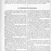 2877 - Page 2868 - Partie scientifique. Travaux Originaux. La clinique gynécologique au goût du jour. Vierges, comme Jeunes femmes, peuvent présenter des hémorragies génitales, dont il importe de préciser la cause, afin d’éviter toute erreur de thérapeutique, d’après le Dr A. Siredey. Les hémorragies / Le traitement des hémorragies