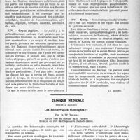 2942 - Page 2933 - Partie scientifique. Travaux Originaux. Note sur le processus d’invasion de l’ultra-virus cytotrope des encéphalites et névraxites. Un syndrome-signal, par le Docteur Louis Barot / Clinique médicale, Hôpital Cochin. Les hémorragies méningées, par le Dr Thiers