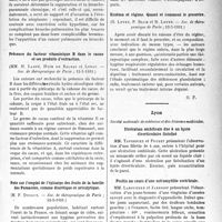 3088 - Page 3079 - Partie scientifique. L’Actualité Scientifique. Les Sociétés Savantes. Paris. Cancer primitif du poumon, à type d’abcès, chez un ancien blessé de poitrine, conservant deux éclats restés inclus, (Soc. méd. des hôp. de Paris ; 15-5-1931.) / Présence du facteur vitaminique B dans le cacao et ses produits d’extraction, (Soc. de thérapeutique de Paris ; 13-5-1931 / Note sur l’emploi de l’épicarpe des fruits de la famille des Pomacées, comme diurétique et uricolytique, (Soc. de thérapeutique de Paris ; 13-5-1931.) / Eczéma et régime. Quand et comment le prescrire, (Soc. de thérapeutique de Paris ; 13-5-1931.) / Lyon. Société nationale de médecine et des Sciences médicales. Ulcération ombilicale due à un kyste diverticulaire fistulisé / Psoïtis au cours d’une ostéomyélite vertébrale