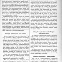 3090 - Page 3081 - Partie scientifique. L’Actualité Scientifique. Les Sociétés Savantes. Lyon. Société médicale des hôpitaux. Eosinophilie pleurale symptomatique d’une amibiase hépatique / Méningite lymphocytaire aiguë curable / Sur un cas de méningite lymphocytaire aiguë curable des jeunes sujets / Méningite lymphocytaire curable d’origine herpétique probable / Polynévrite bismuthique à forme atténuée