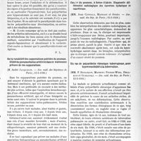 3160 - Page 3151 - Partie scientifique. L’Actualité Scientifique. Les Sociétés Savantes. Paris. Polyarthrite ankylosante traitée par la parathyroïdectomie, (Société de chirurgie ; 27-5-1931.) / Sur la curabilité des suppurations putrides du poumon. Utilité du pneumothorax artificiel dans le traitement précoce de ces suppurations, (Soc. méd. des hôpitaux de Paris ; 15-5-1931.) / Cancer du poumon, à forme d’abcès. Diagnostic différentiel radiologique des cavernes hydatique et cancéreuse, (Soc. méd. des hôp. de Paris ; 15-5-1931.) / Un cas de polyarthrite chronique tuberculeuse, avec hypersensibilité à la tuberculine, (Soc. méd. des hôp. de Paris ; 15-5-1931.)