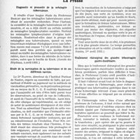 3285 - Page 3276 - Partie scientifique. L’Actualité Scientifique. La Presse. Diagnostic et pronostic de la méningite tuberculeuse [(Gazette des Hôpitaux, 4 avril 1931.)] / Etude de la vaccination de la tuberculose et de ses différents vaccins [(Gazette médicale de Nantes, ler avril 1931.)] / Traitement chirurgical des grandes hémorragies gastro-duodénales [(Paris médical, 4 avril 1931.)] / Néoplasmes intestinaux au niveau d’adhérences appendiculaires [(Paris médical, A avril 1.931.)]