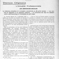3294 - Page 3285 - Partie professionnelle, Hygiène, Assistance, Mutualité, Intérêts corporatifs. Variétés. Travaux Originaux. L’Actualité Professionnelle. Les assurances sociales. La médecine préventive et la circulaire ministérielle du 28 juillet dernier. — Les centres de diagnostic et les syndicats médicaux. — La prévention des abus de consommation pharmaceutique et l'élimination du petit risque [G. Duchesne]
