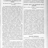 3360 - Page 3351 - Partie scientifique. L'Actualité Scientifique. Les Sociétés Savantes. Paris. La sympathectomie péri-artérielle par action chimique, (Société de chirurgie ; 24-6-1931.) / Appendicite aiguë et point appendiculaire dans la pneumonie, (Société de chirurgie ; 24-6-1931.) / Pancréatite œdémateuse, (Société de chirurgie ; 1-7-1931.) / Sur la maladie de Stieda, (Société de chirurgie ; 1-7-1931.)