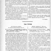 3365 - Page 3356 - Partie scientifique. L'Actualité Scientifique. Les Congrès. Journées médicales coloniales, (Suite). Maladies cutanées (spécialement lèpre) et syphilis dans les pays chauds / Les Livres. La thérapeutique des péchés capitaux. Gourmandise. Paresse. Luxure, 2e édition, par Dr J. Laumonier, E. Le François, éditeur, Paris, 6e / Hypertension artérielle, par Dr Vital-Lassance, Éditions médicales N. Maloine, Paris
