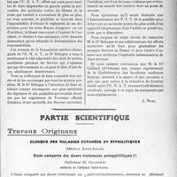 3410 - Page 3401 - Propos du jour. Le Service des Secours sur Route. Les résultats obtenus. — Essai de paiement des honoraires des médecins par les soins de l’U.N.A.T. dans les départements de Seine et Seine-et-Oise [J. Noir] / Partie scientifique. Travaux Originaux. Clinique des maladies cutanées et syphilitiques, (Hôpital Saint-Louis). Etude comparée des divers traitements antisyphilitiques (i), professeur H. Gougerot