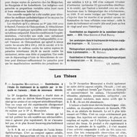 3430 - Page 3421 - Partie scientifique. L’Actualité Scientifique. Les Congrès. Journées médicales coloniales, (Suite). Alimentation en eaux potables et parasitisme intestinal / Les Thèses. Contribution à l’étude du traitement de la syphilis par le bismuth et l’arsenic ; étude de nouveaux dérivés, par Jacqueline Mouneyrat