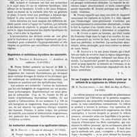 3579 - Page 3570 - Partie Scientifique. L’Actualité Scientifique. Les Sociétés Savantes. Paris. Les déchets azotés du sang dans la néphrose lipoïdique, (Académie de médecine ; 6-10-1931.) / Magnésium et épithélioma thyroïdien des salmonidés, (Académie de médecine ; 6-10-1931.) / La contracture abdominale et sa signification clinique, (Société de chirurgie ; 8-7-1931) / Un cas d’angine de poitrine très grave, traitée par la méthode de la suppression du réflexe presseur, (Soc. Méd. des hôp. de Paris ; 5-6-1931)