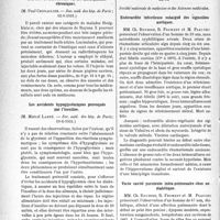 3655 - Page 3646 - Partie Scientifique. L'Actualité Scientifique. Les Sociétés Savantes. Paris. Inefficacité des arsénobenzènes et du bismuth dans le traitement préventif tardif de la neuro-syphilis parenchymateuse, (Soc. méd. des hôp. de Paris ; 12-6-1931.) / L’action de l’antimoine sur les adénopathies chroniques, (Soc. méd. des hôp. de Paris ; 12-6-1931.) / Les accidents hypoglycémiques provoqués par l’insuline, (Soc. méd. des hôp. de Paris ; 19-6-1931.) / Lyon. Société nationale de médecine et des Sciences médicales. Endocardite infectieuse subaiguë des sigmoïdes aortiques / Vaste cavité purulente intra-pulmonaire chez un diabétique