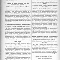 3799 - Page 3790 - Partie Scientifique. L'Actualité Scientifique. Les Sociétés Savantes. La palpation du coeur d’après les travaux du professeur Bard [(Strasbourg Médical, 15 mai 1931.)]. Quelques cas de cancer cutané traités par la radiothérapie, (Réunion dermatologique de Lyon ; juillet 1930.) / Guérison des ulcères variqueux, grâce aux pansements par occlusion, (Société de Médecine de Paris ; 27-6-1931.) / La dose thérapeutique du bismuth (note préliminaire), (Soc. de Médecine de Paris ; 27-6-31.) / Iléus biliaire, (Soc. de Méd. de Paris ; 27-6-1931.) / Sur une forme spéciale de pseudo-distraction chez l’enfant, (Soc. de Médecine de Paris ; 27-6-1931.) / Quelques remarques à propos de la rachianesthésie avec un dérivé de la quinoléine (percaine) pour les opérations sur l’estomac et les voies biliaires, (Soc. de Médecine de Paris ; 27-6-1931.) / Société des chirurgiens de Paris, Séance du 13 octobre 1931. Traitement orthopédique par l’appareillage extrabuccal d’une fracture para-médiane du maxillaire inférieur chez un enfant de sept ans