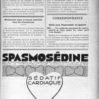 3834 - Page LXV-3825 - A travers l’officiel. Vacances de Noël et du jour de l’An sur la Côte d’Azur. Nomination des directeurs de Bureaux d’hygiène / Métabolisme basal et tension artérielle dans les rhumatismes / Correspondance. Soins aux Pensionnés de guerre. Un médecin, pensionné de guerre, peut-il se faire payer les soins qu’il s’est donnés ?