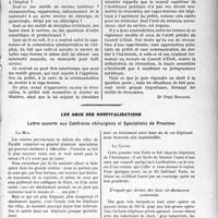 3888 - Page 3879 - Partie Professionnelle, Hygiène, Assistance, Mutualité, Intérêts corporatifs, Variétés. Travaux Originaux. Assurances sociales. Révocation d’une sage-femme d’hôpital [Dr Paul Boudin] / Les abus des hospitalisations. Lettre ouverte aux Confrères chirurgiens et Spécialistes de Province [G. Duchesne]