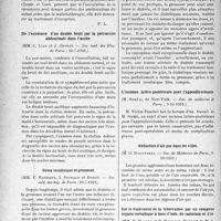 3949 - Page 3940 - Partie Scientifique. L'Actualité Scientifique. Les Sociétés Savantes. Paris. Récurrentothérapie dans les syphilis nerveuses et les psychoses, (Académie de médecine ; 3-11-1931) / De l’existence d’un double bruit par la percussion abdominale dans l’ascite, (Soc. méd. des Hôp. de Paris ; 10-7-1931.) / Coma insulinique et grossesse, (Soc. méd. des hôp. de Paris ; 10-7-1931) / L’incision latéro-postérieure pour l’appendicectomie, (Soc. de médecine de Paris ; 9-10-1931.) / Abduction d’air pur dans les villes, (Soc. de Médecine de Paris ; 9-10-1931.) / Sur le traitement de la tuberculose par un complexe organo-métallique à base d’iode, de cadmium et d’or, (Soc. de Médecine de Paris ; 9-10-1931.)