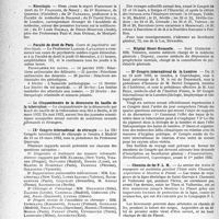 3979 - Page 3970 - Partie Professionnelle, Hygiène, Assistance, Mutualité, Intérêts corporatifs, Variétés. Reportage Professionnel. Nouvelles et Informations, (Voir les Dernières Nouvelles en tête des "Demi-Colonnes"). Nécrologie [Dr François, Dr Berthou, Dr Paulesco, Dr David Bruce, Dr Louis Delmas] / Faculté de droit de Paris / Le Cinquantenaire de la découverte du bacille de la tuberculose / IXe Congrès international de chirurgie / Hôpital Henri-Rousselle / IIe Congrès international de la Lumière / Chemins de fer P. L. M