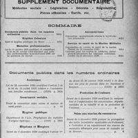 4038 - Page sans numérotation - Supplément documentaire. Médecine sociale - Législation - Décrets - règlements Pièces officielles - Tarifs, etc / Sommaire / Documents publiés dans les numéros ordinaires. Assistance / Assurances sociales / Hygiène publique / Hôpitaux et Hospices / Protection de l’enfance. / Soins aux marins du commerce