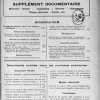 4054 - Page 5017 - Supplément documentaire. Médecine sociale - Législation - Décrets- Règlement - Pièces officielles - Tarifs, etc / Sommaire / Documents publiés dans les numéros ordinaires. Assurances Sociales / Hygiène industrielle / Sanatoriums / Service de santé militaire