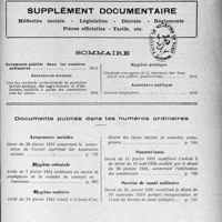 4070 - Page 5033 - Supplément documentaire. Médecine sociale - Législation - Décrets - Règlements - Pièces officielles - Tarifs, etc / Sommaire / Documents publiés dans les numéros ordinaires. Assurances sociales / Hygiène coloniale / Hygiène scolaire / Sanatoriums / Service de santé militaire