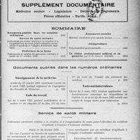 4086 - Page 5049 - Supplément documentaire. Médecine sociale - Législation - Décret - Règlements - Pièces officielles - Tarifs, etc / Sommaire / Documents publiés dans les numéros ordinaires. Enseignement de la médecine / Code du travail / Lutte antituberculeuse / Service de santé militaire. Instruction provisoire relative à la création et à l’organisation de cours pour l’obtention du certificat d’aptitude à l’emploi d’infirmier militaire. Organisation et fonctionnement des écoles