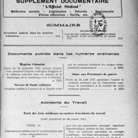 4158 - Page 5121 - Supplément documentaire. L’Officiel Médical. Médecine sociale - Législation - Décrets - Règlements - Pièces officielles - Tarifs, etc / Sommaire / Documents publiés dans les numéros ordinaires. Hygiène Coloniale / Service de Santé militaire / Soins aux Pensionnés de guerre / Accidents du Travail. Tarif des frais médicaux en matière d’accidents du travail. Arrêté ministériel du 26 octobre 1931