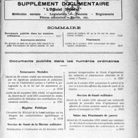 4174 - Page 5137 - Supplément documentaire. L'Officiel médical. Médecine sociale - Législation - Décrets - Règlements Pièces officielles - Tarifs, etc / Sommaire / Documents publiés dans les numéros ordinaires. Assurances Sociales / Hygiène Publique / Service de Santé de la Marine militaire / Service de Santé militaire / Soins aux Pensionnés de guerre