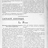 0030 - Page 29 - Partie scientifique. Travaux originaux. La clinique au goût du jour. Savons et essences. Dans un savon spécial, faites dissoudre des essences et des huiles essentielles ; vous obtiendrez ainsi un complexe savonneux particulièrement efficace dans le traitement des plaies, d’après le Dr P. Sassard. Le complexe savons-essences / L’actualité scientifique. La Presse. Étude anatomo-clinique et thérapeutique des gastrites dans le cadre de la gastroscopie [(Journal de médecine et de chirurgie pratiques, 10 juillet 1932)]