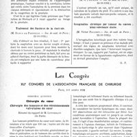 0035 - Page 34 - Partie scientifique. L’actualité scientifique. Les Sociétés Savantes. Paris. L’opération de Steinach n° 2, aide précieuse du forage de la prostate, (Soc. de médecine de Paris, 22-10-1932) / Traitement des fractures de la clavicule, Soc. de méd. de Paris ; 22-10-1932) / Calculose de la plante du pied, (Soc. de Méd. de Paris ; 22-10-1932) / Invagination chronique par tumeur du coecum ; hémi-colectomie droite, (Soc. de méd. de Paris ; 22-10-1932) / Les Congrès. XIIe congrès de l'association française de chirurgie, Paris, 3-8 octobre 1932. Chirurgie du cœur. Chirurgie des tumeurs et des rétrécissements valvulaires du cœur, Résumé du rapport de M. Lenormant