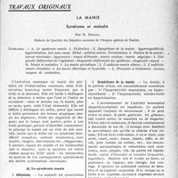 0084 - Page 83 - Partie scientifique. Travaux originaux. La manie. Syndrome et maladie, par R. Benon