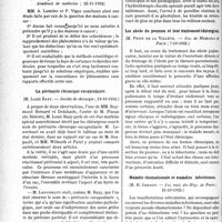 0097 - Page 96 - Partie scientifique. L’actualité scientifique. Les Sociétés Savantes. Paris. Sur la déclaration obligatoire des maladies contagieuses, (Académie de médecine ; 25-10 et 6-12-1932) / Existe-t-il des maisons à cancer ?, (Académie de médecine ; 22-11-1932) / La péritonite chronique encapsulante, (Société de chirurgie ; 19-10-1932) / Les abcès du poumon et leur traitement chirurgical, (Soc. de Médecine de Paris ; 7-10-1932) / Maladie rhumatismale et maladies infectieuses, (Soc. méd. des Hôp. de Paris ; 21-10-1932)