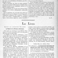 0098 - Page 97 - Partie scientifique. L’actualité scientifique. Les Sociétés Savantes. Paris. Maladie rhumatismale et maladies infectieuses, (Soc. méd. des Hôp. de Paris ; 21-10-1932) / Les Livres. Le Régime des affections arthritiques. Éditions des laboratoires Heudebert / Le traitement des tuberculoses chirurgicales par l’huile iodée et les sels de calcium, par Dr A. Finikoff, Norbert Maloine, éditeur, Paris, 1932