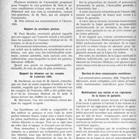 0111 - Page 110 - Partie professionnelle, Hygiène, Assistance, Mutualité, Intérêts corporatifs, Variétés. Travaux originaux. Variétés. Ligue médicale de défense individuelle, (Le Sou Médical). Assemblée générale du 16 novembre 1932. Élection d’un président et d’un vice-président / Rapport du secrétaire général / Rapport du trésorier sur les comptes de l’exercice 1931 / Fixation de la cotisation et du maximum de garantie pour 1933 / Élection de deux commissaires contrôleurs / Modifications aux statuts et au règlement de la Caisse de garantie