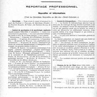 0117 - Page 116 - Partie professionnelle, Hygiène, Assistance, Mutualité, Intérêts corporatifs, Variétés. Hôpitaux de l’assistance publique de Paris. Enseignement, concours, avis divers / Reportage professionnel. Nouvelles et Informations, (Voir les Dernières Nouvelles en tête des« Demi-Colonnes »). Nécrologie [Docteurs J. Piquard, Bardet, Boyer] / Institut de psychiatrie et de psychologie appliquée / Société de thérapeutique / Chemins de fer de l’État