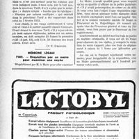 0125 - Page 124-LIV - Correspondance. Application du tarif des accidents du travail. Une justification nécessaire à propos des sutures multiples / Médecine légale. Réquisition par un maire pour examiner une noyée