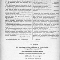 0173 - Page 172 - Partie professionnelle, Hygiène, Assistance, Mutualité, Intérêts corporatifs, Variétés. Travaux originaux. L’Actualité Professionnelle. L'assemblée de la confédération des syndicats médicaux français, (16, 17 et 18 décembre), par le docteur Gabriel Batier [Dr Paul Boudin]. Ordres du jour [Dr Garnier] / « Les élus ». Les grandes premières médicales et chirurgicales. Inaugurations professorales, Leçon inaugurale du Professeur Marion. L’éducation du chirurgien, par le Docteur Dartigues